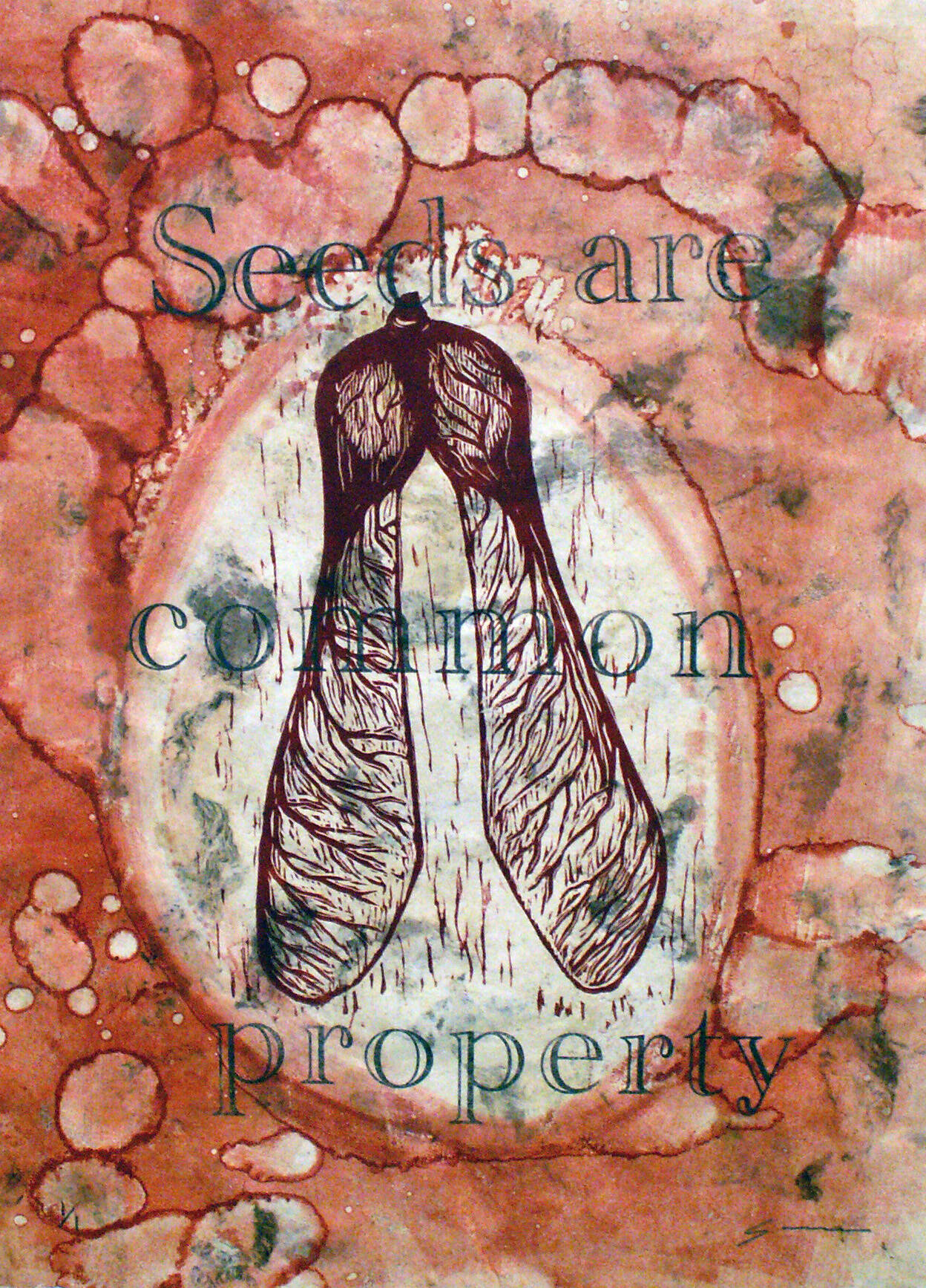 Print of seed pods against a organize red background with the words "Seeds are common property."